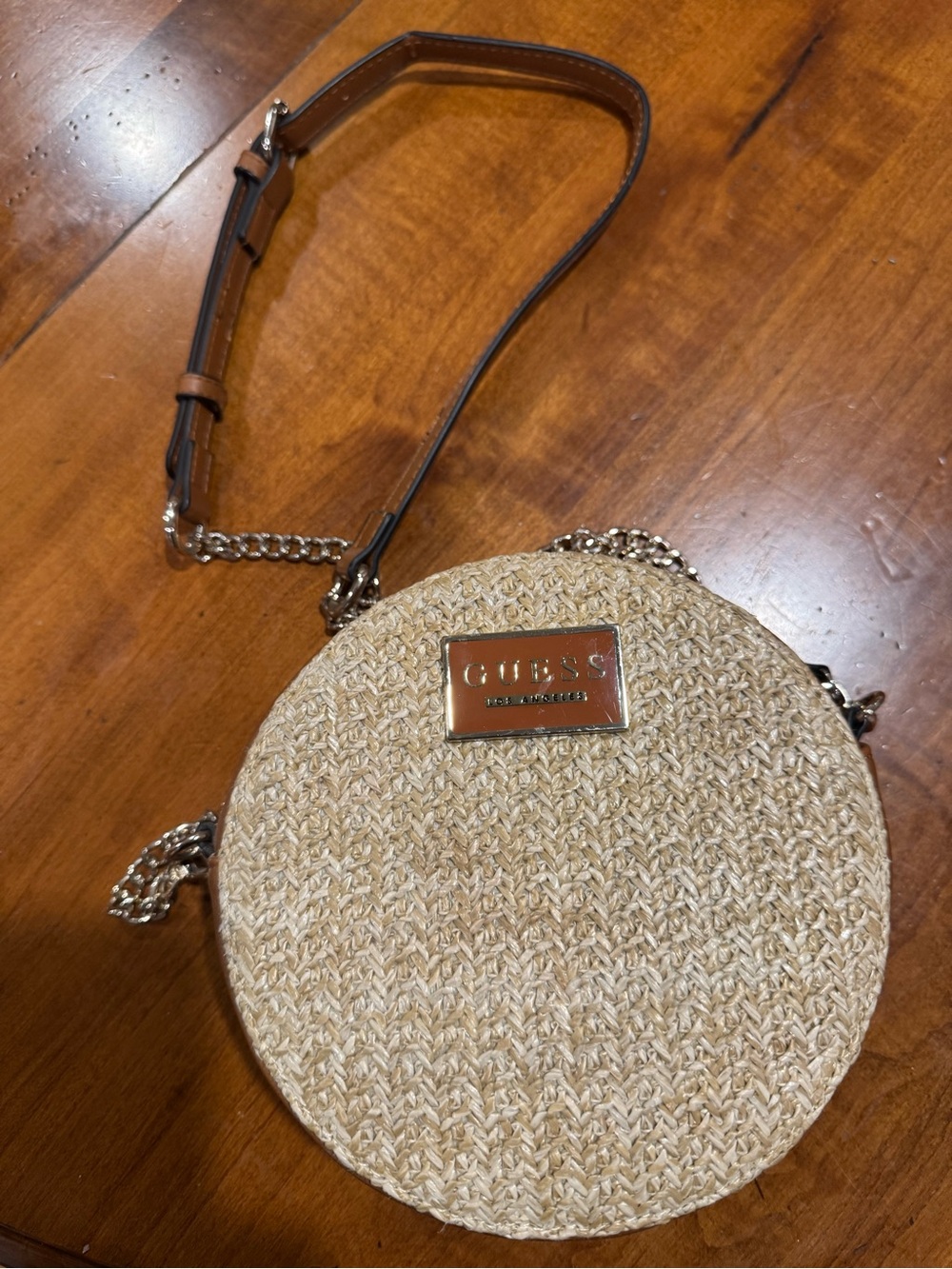 GUESS Beige Woven Round Crossbody Bag with Chain Strap